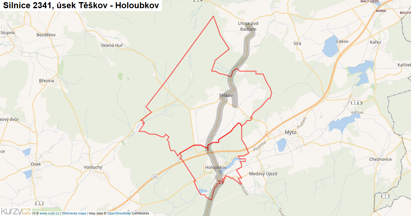 Úsek Těškov - Holoubkov, Silnice 2341 - Mapa