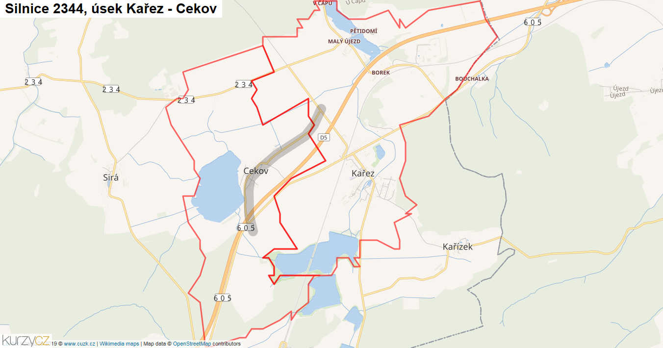 Úsek Kařez - Cekov, Silnice 2344 - Mapa