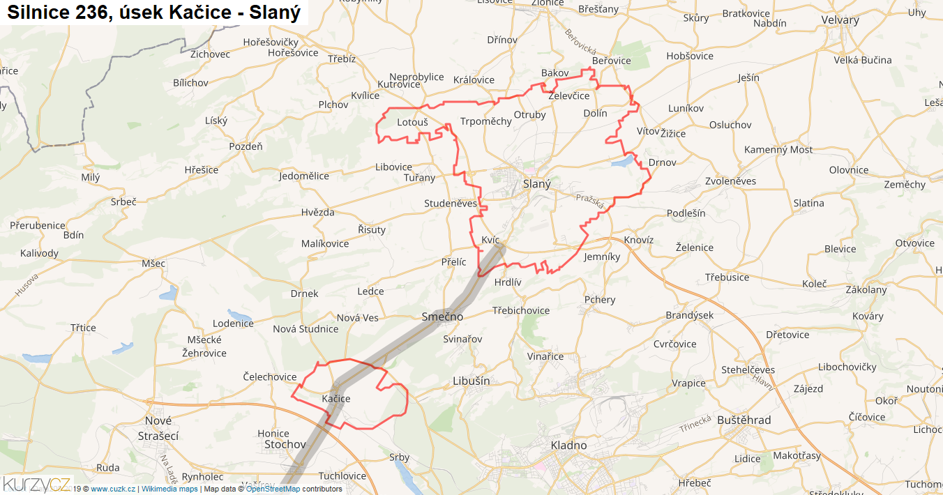 Úsek Kačice - Slaný, Silnice 236 - Mapa