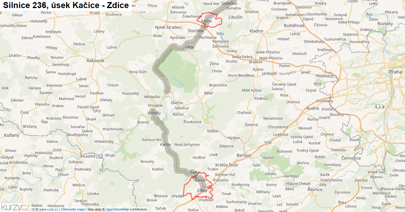 Úsek Kačice - Zdice, Silnice 236 - Mapa