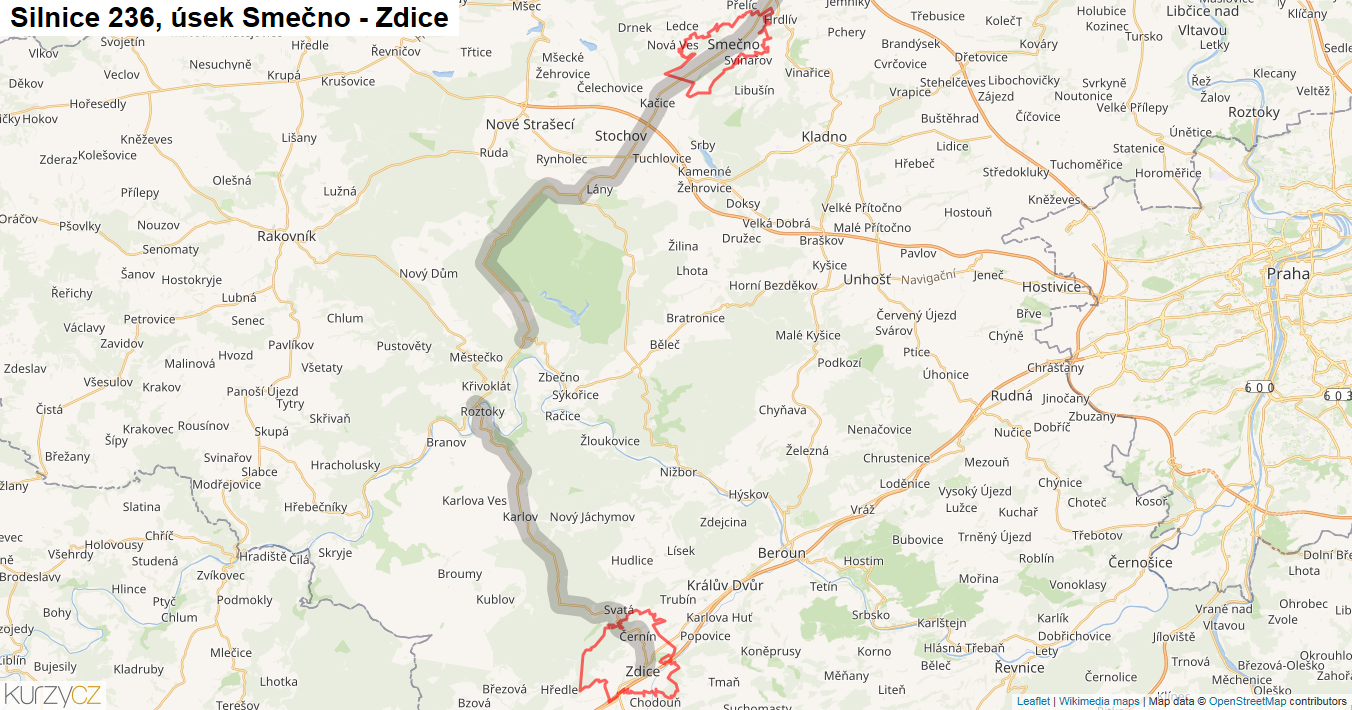Úsek Smečno - Zdice, Silnice 236 - Mapa