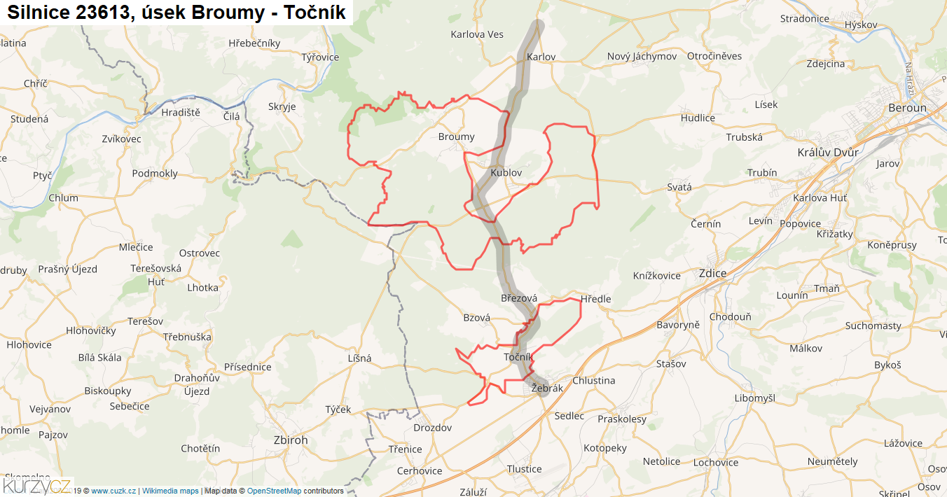 Úsek Broumy - Točník, Silnice 23613 - Mapa