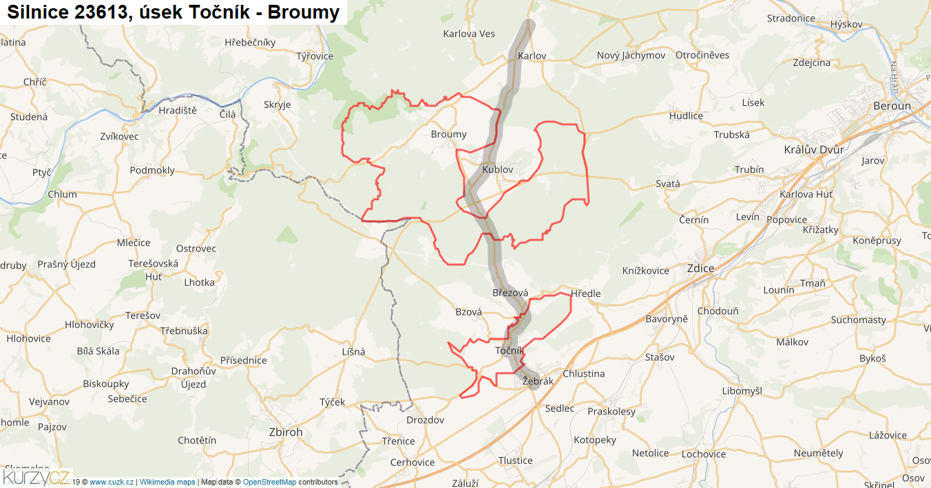 Úsek Točník - Broumy, Silnice 23613 - Mapa