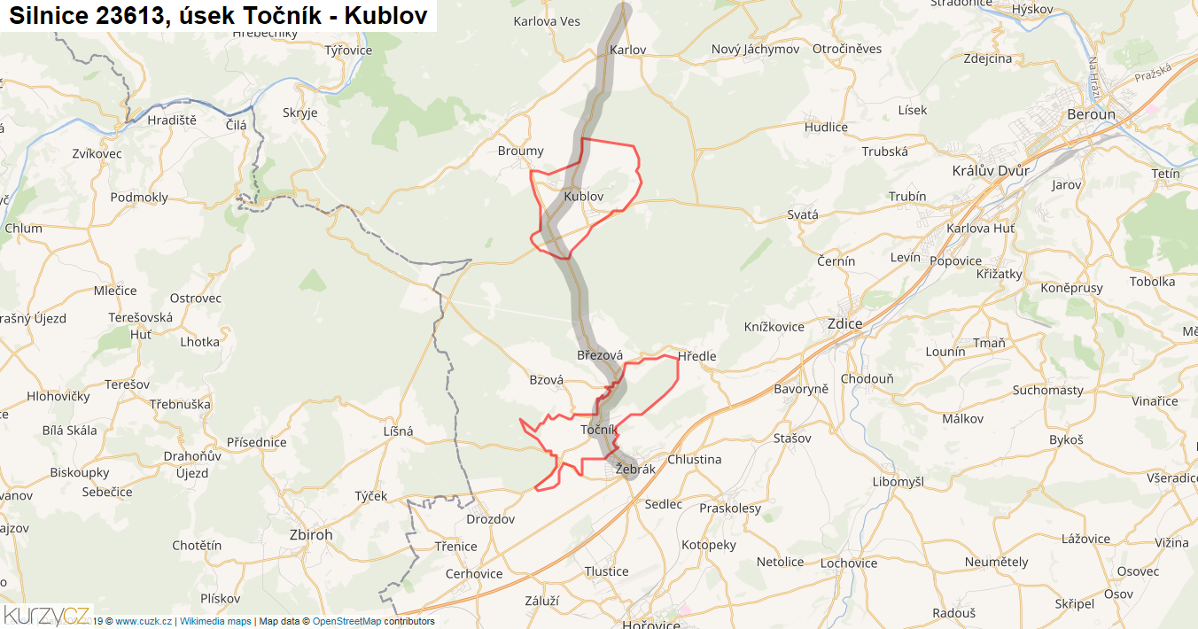Úsek Točník - Kublov, Silnice 23613 - Mapa