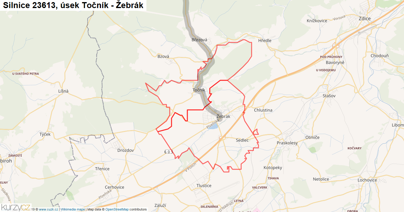 Úsek Točník - Žebrák, Silnice 23613 - Mapa