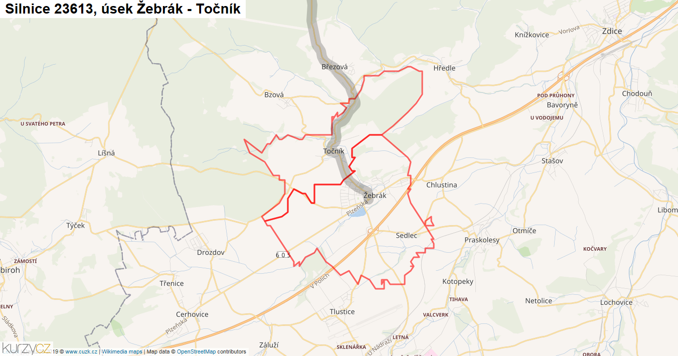 Úsek Žebrák - Točník, Silnice 23613 - Mapa