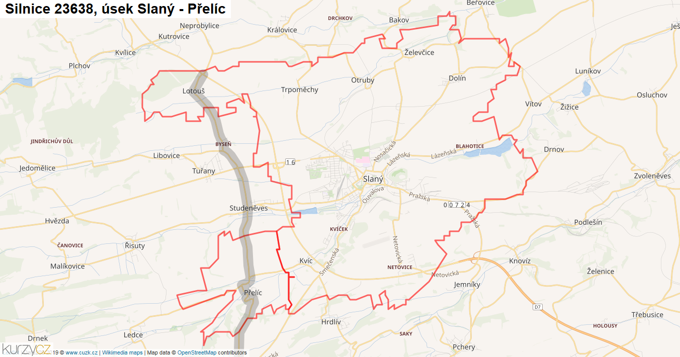Úsek Slaný - Přelíc, Silnice 23638 - Mapa