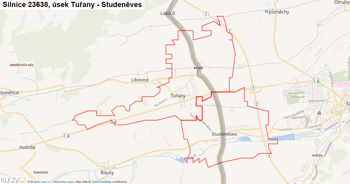 Úsek Tuřany - Studeněves, Silnice 23638 - Mapa