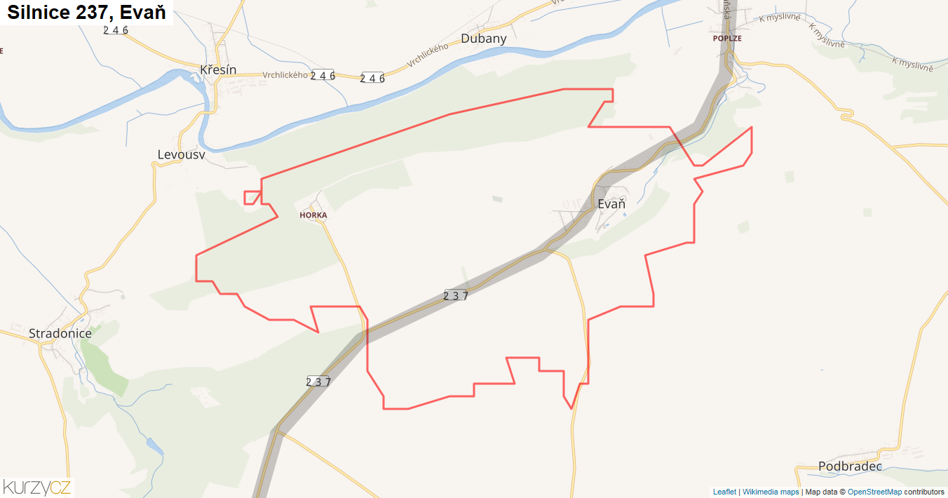 Evaň, Silnice 237 - Mapa