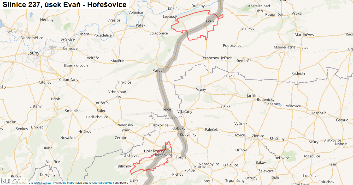 Úsek Evaň - Hořešovice, Silnice 237 - Mapa