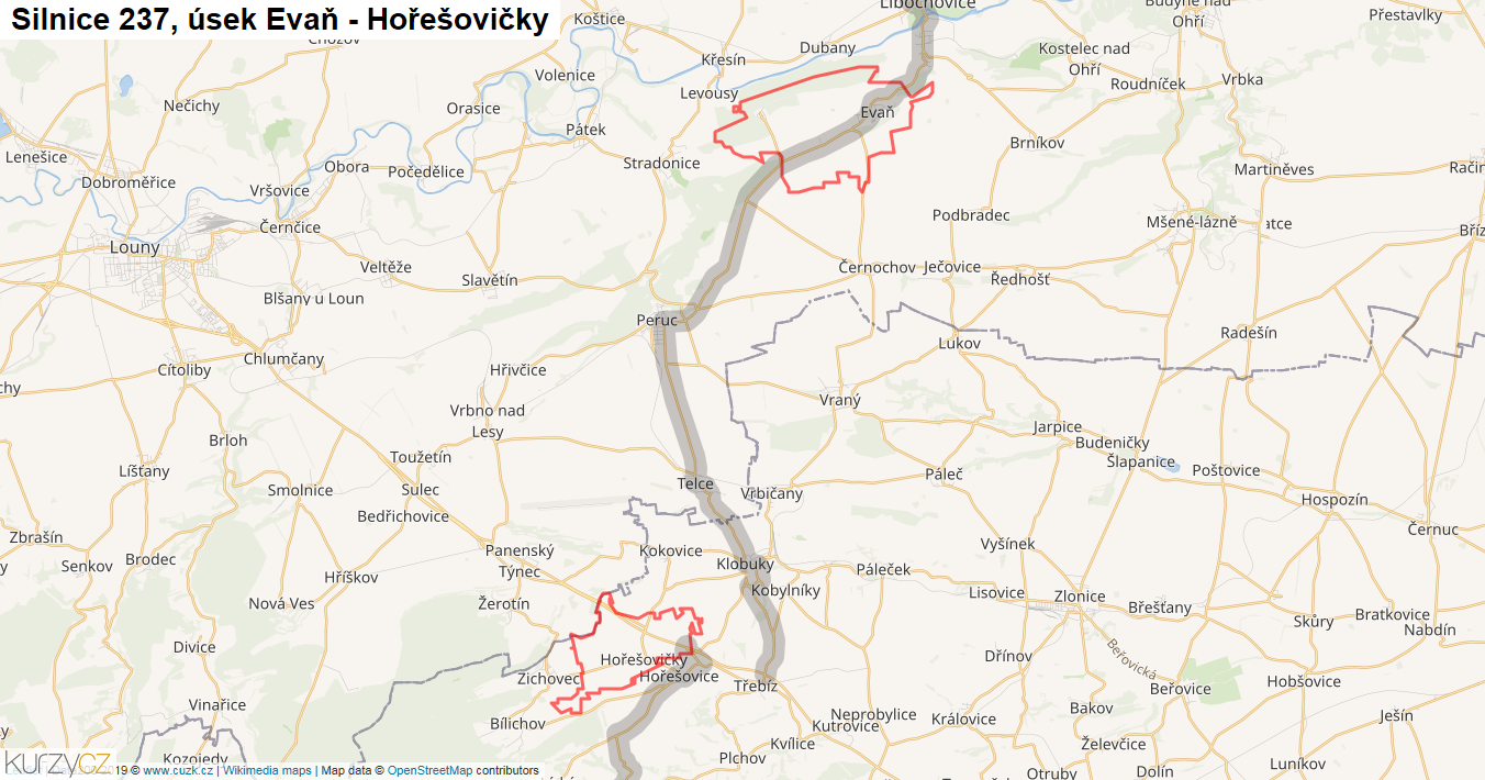 Úsek Evaň - Hořešovičky, Silnice 237 - Mapa