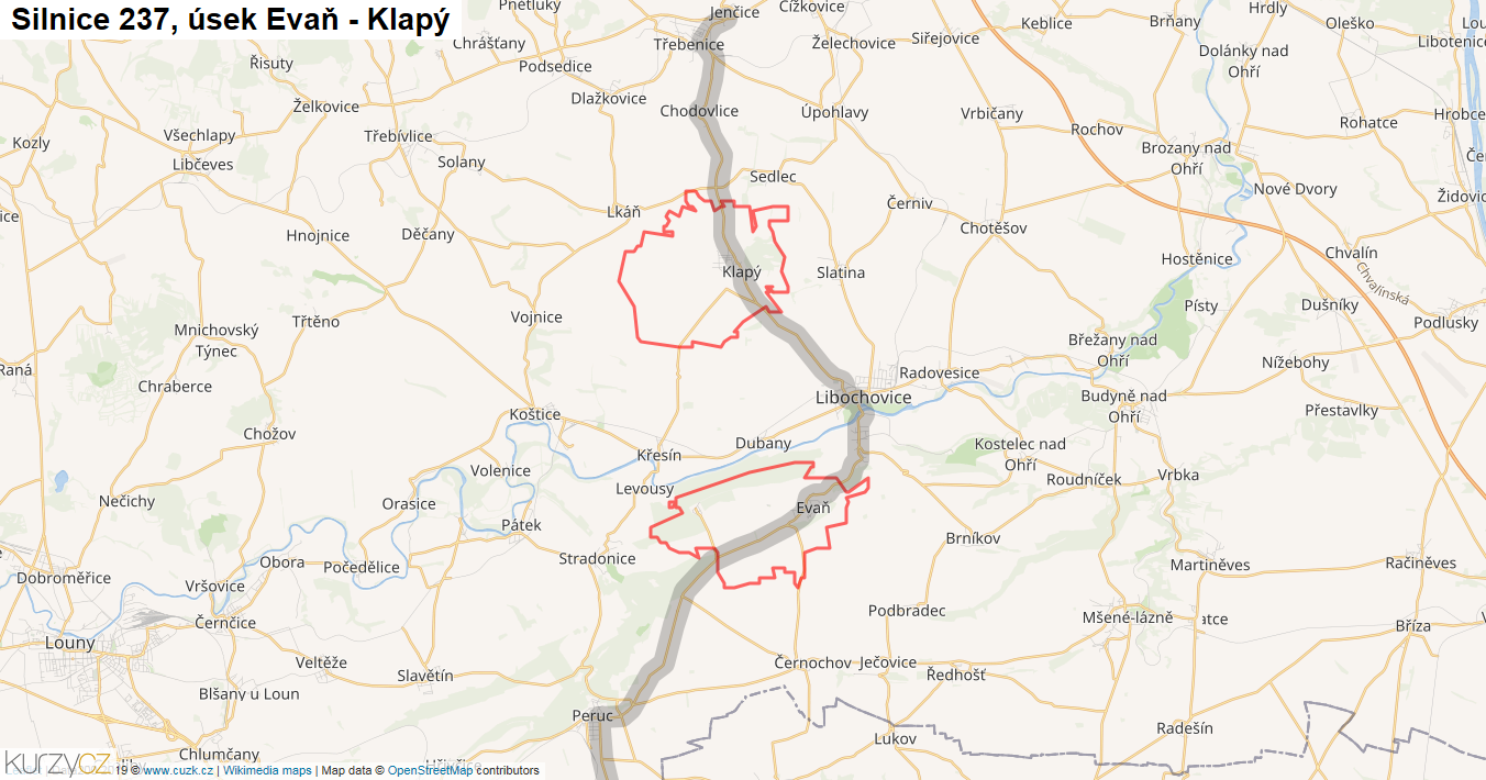 Úsek Evaň - Klapý, Silnice 237 - Mapa