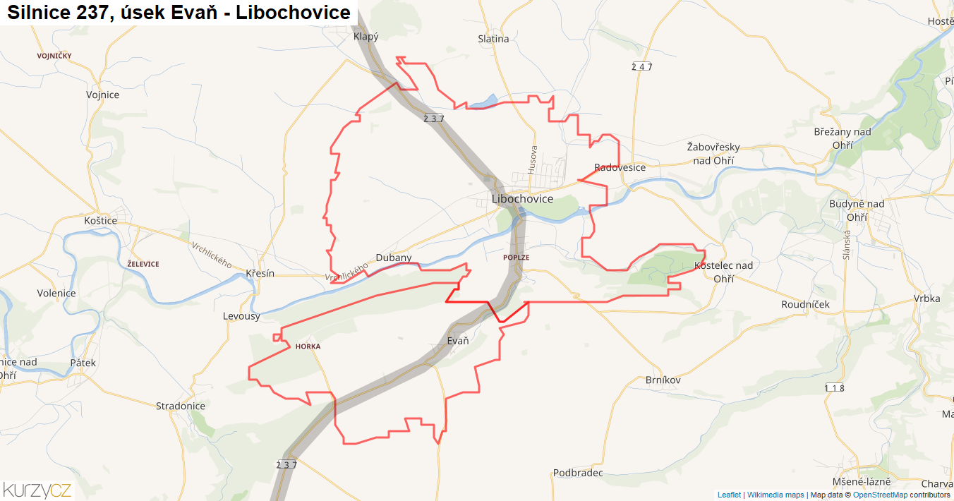 Úsek Evaň - Libochovice, Silnice 237 - Mapa