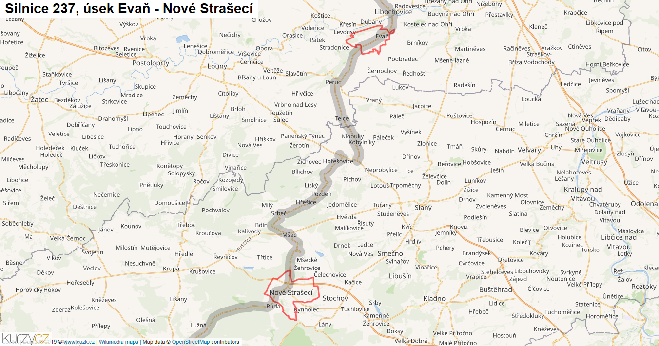 Úsek Evaň - Nové Strašecí, Silnice 237 - Mapa