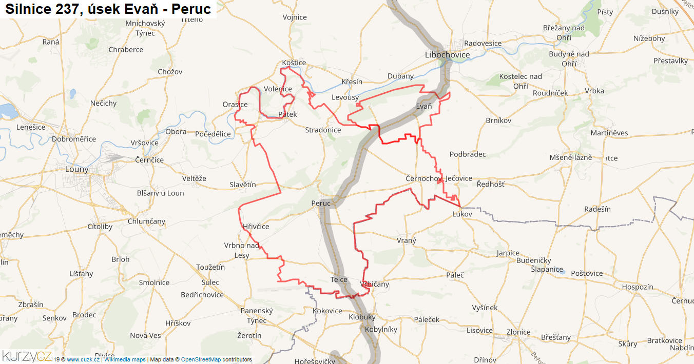 Úsek Evaň - Peruc, Silnice 237 - Mapa