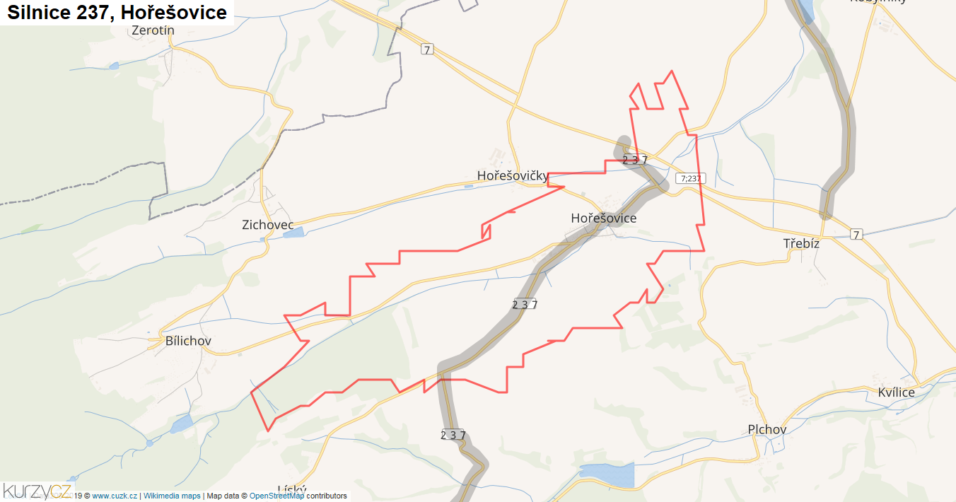 Hořešovice, Silnice 237 - Mapa