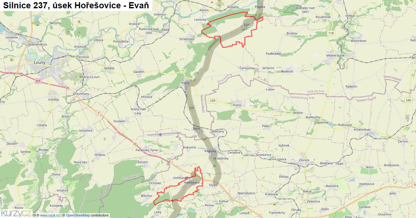 Úsek Hořešovice - Evaň, Silnice 237 - Mapa