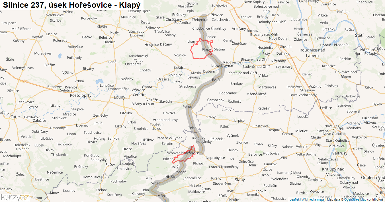 Úsek Hořešovice - Klapý, Silnice 237 - Mapa