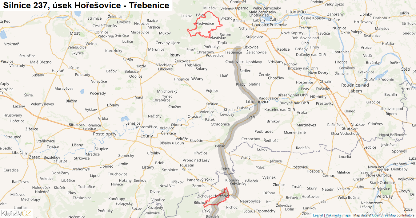 Úsek Hořešovice - Třebenice, Silnice 237 - Mapa