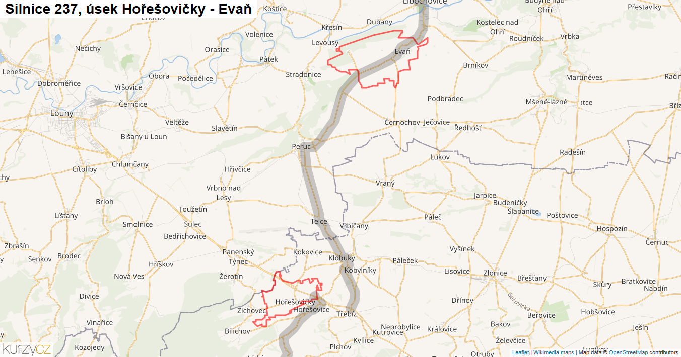Úsek Hořešovičky - Evaň, Silnice 237 - Mapa