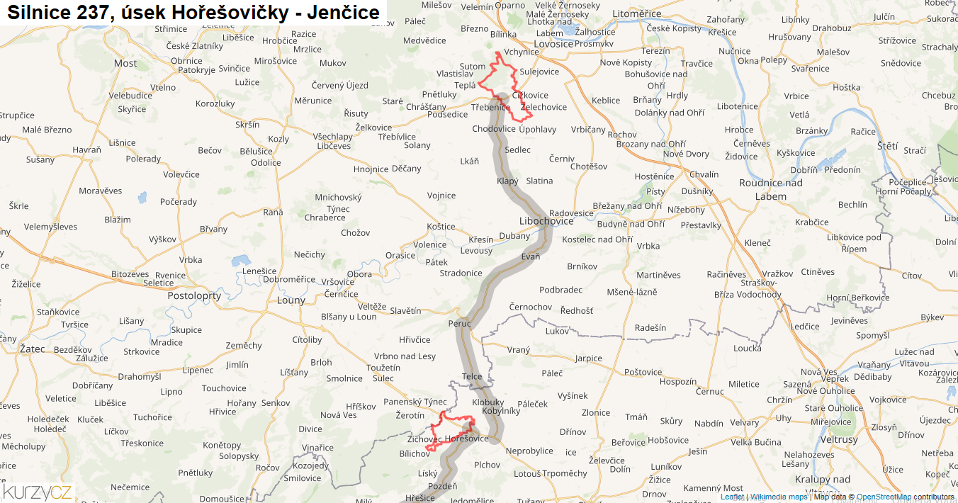 Úsek Hořešovičky - Jenčice, Silnice 237 - Mapa
