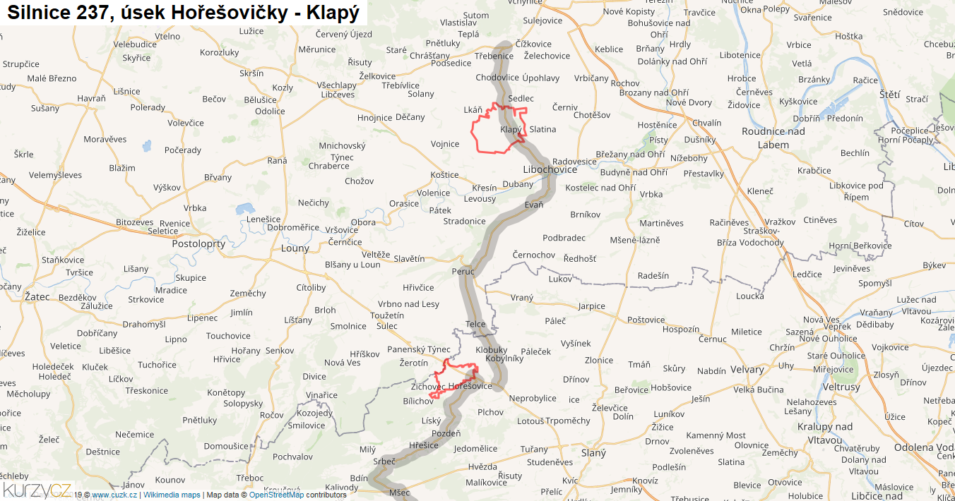 Úsek Hořešovičky - Klapý, Silnice 237 - Mapa