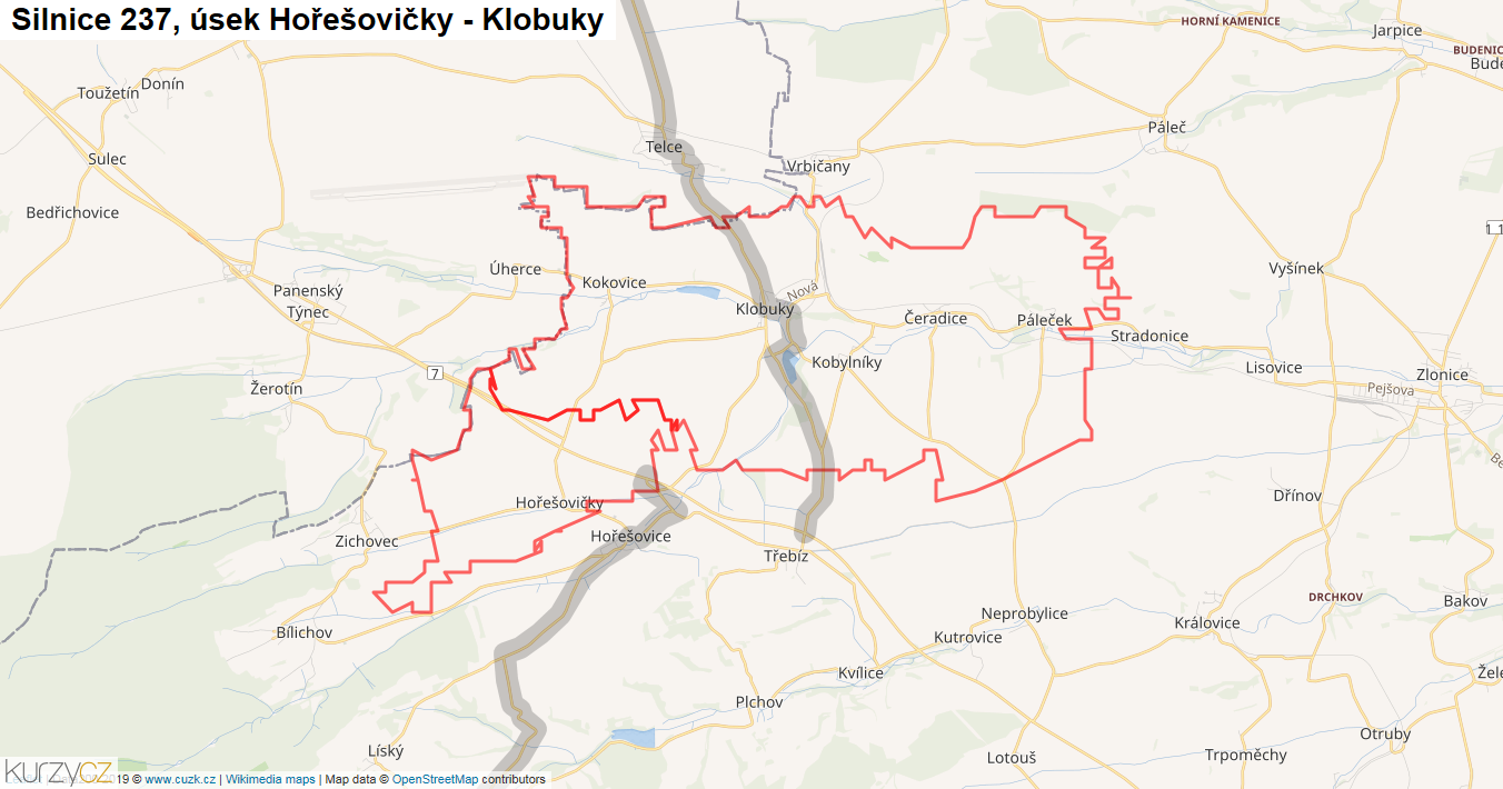 Úsek Hořešovičky - Klobuky, Silnice 237 - Mapa