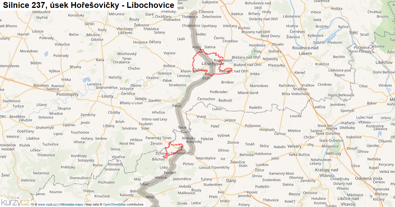 Úsek Hořešovičky - Libochovice, Silnice 237 - Mapa