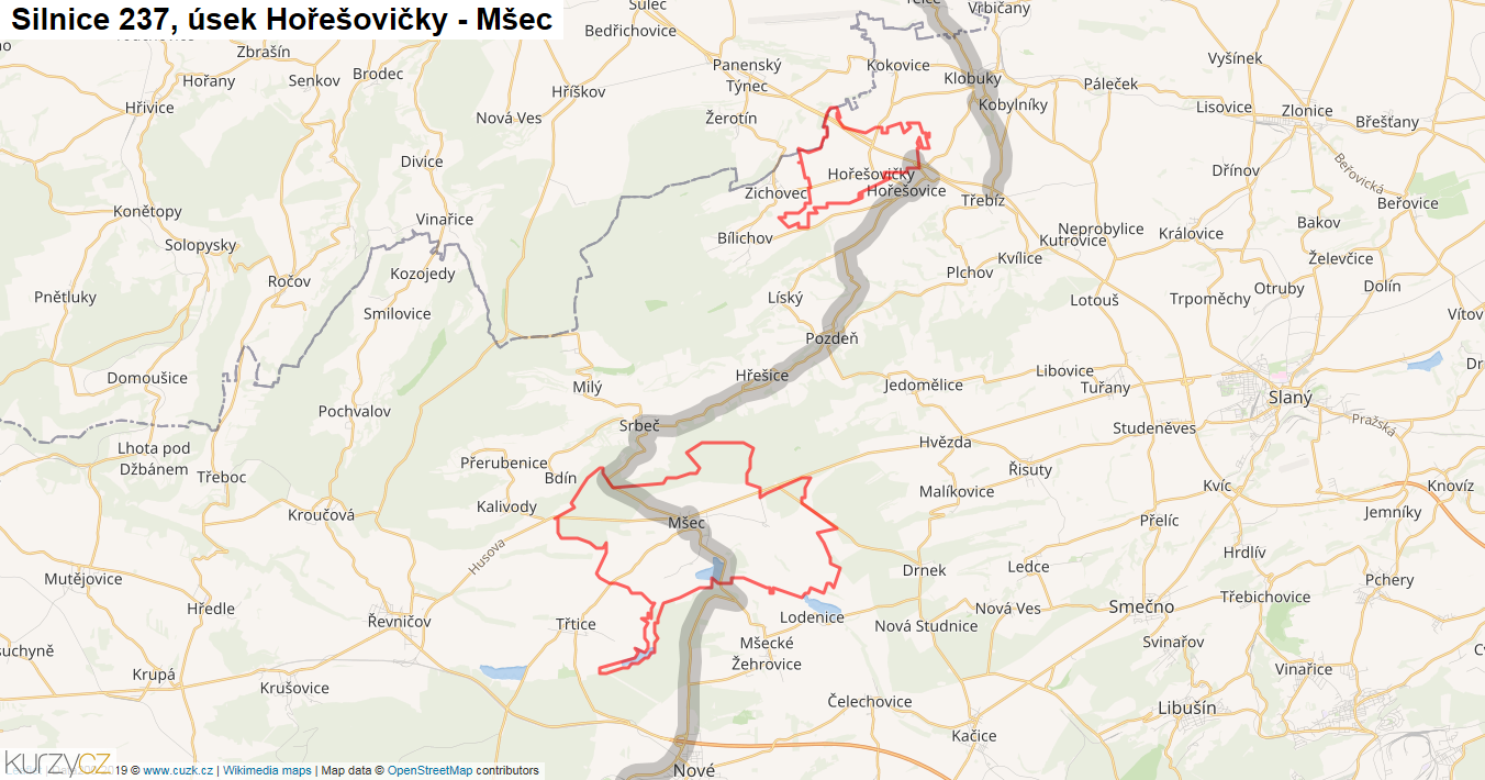 Úsek Hořešovičky - Mšec, Silnice 237 - Mapa