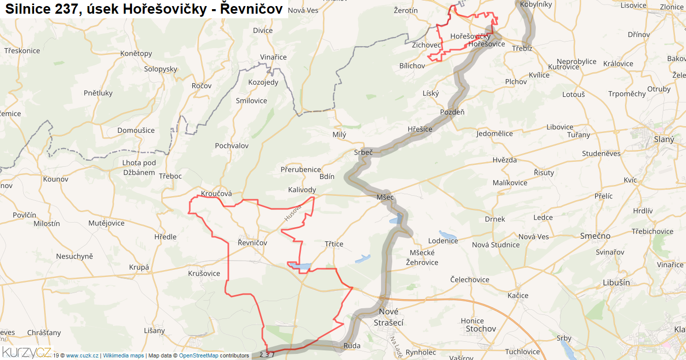 Úsek Hořešovičky - Řevničov, Silnice 237 - Mapa