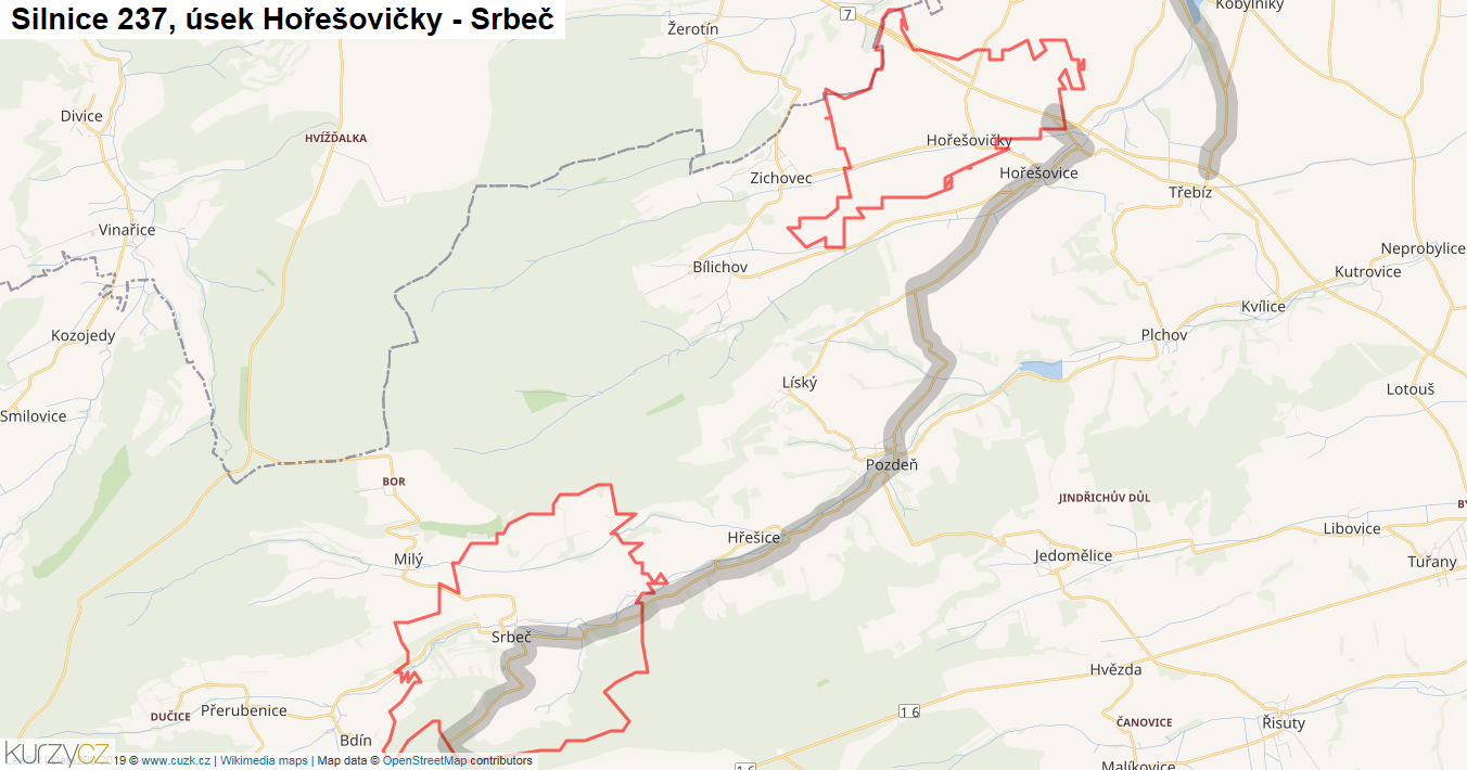 Úsek Hořešovičky - Srbeč, Silnice 237 - Mapa