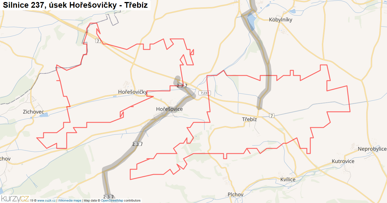 Úsek Hořešovičky - Třebíz, Silnice 237 - Mapa
