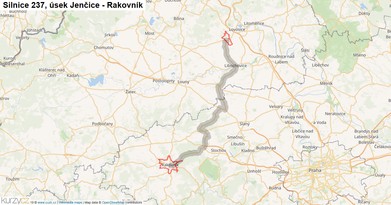 Úsek Jenčice - Rakovník, Silnice 237 - Mapa