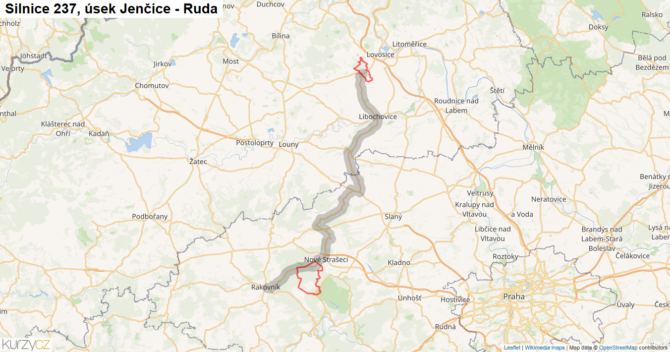 Úsek Jenčice - Ruda, Silnice 237 - Mapa