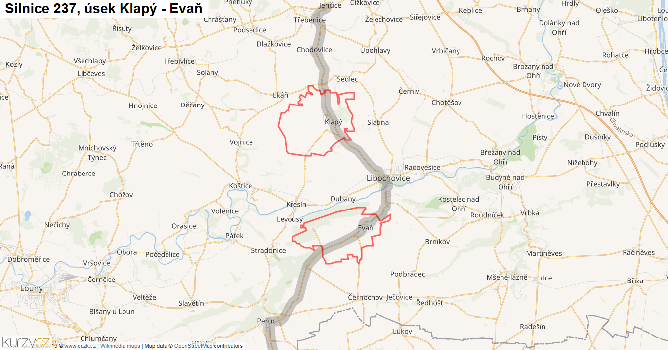 Úsek Klapý - Evaň, Silnice 237 - Mapa