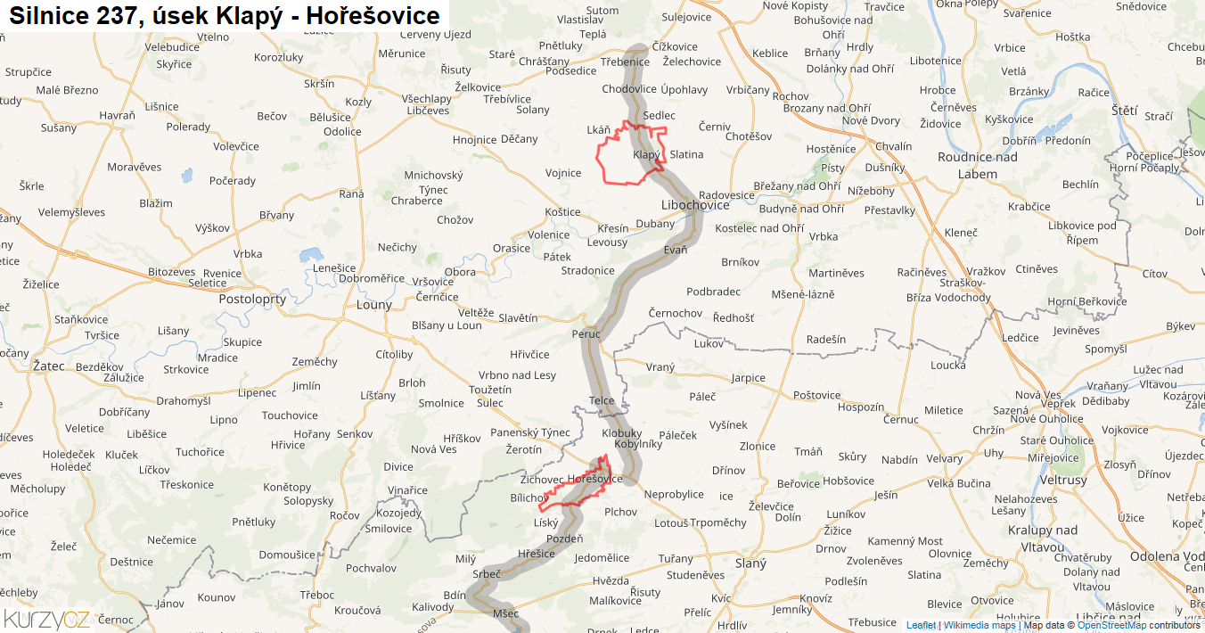 Úsek Klapý - Hořešovice, Silnice 237 - Mapa