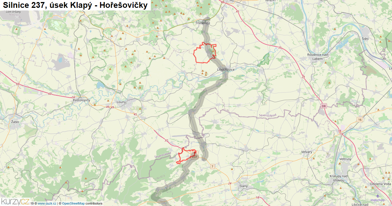 Úsek Klapý - Hořešovičky, Silnice 237 - Mapa