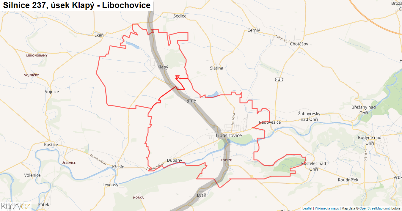 Úsek Klapý - Libochovice, Silnice 237 - Mapa
