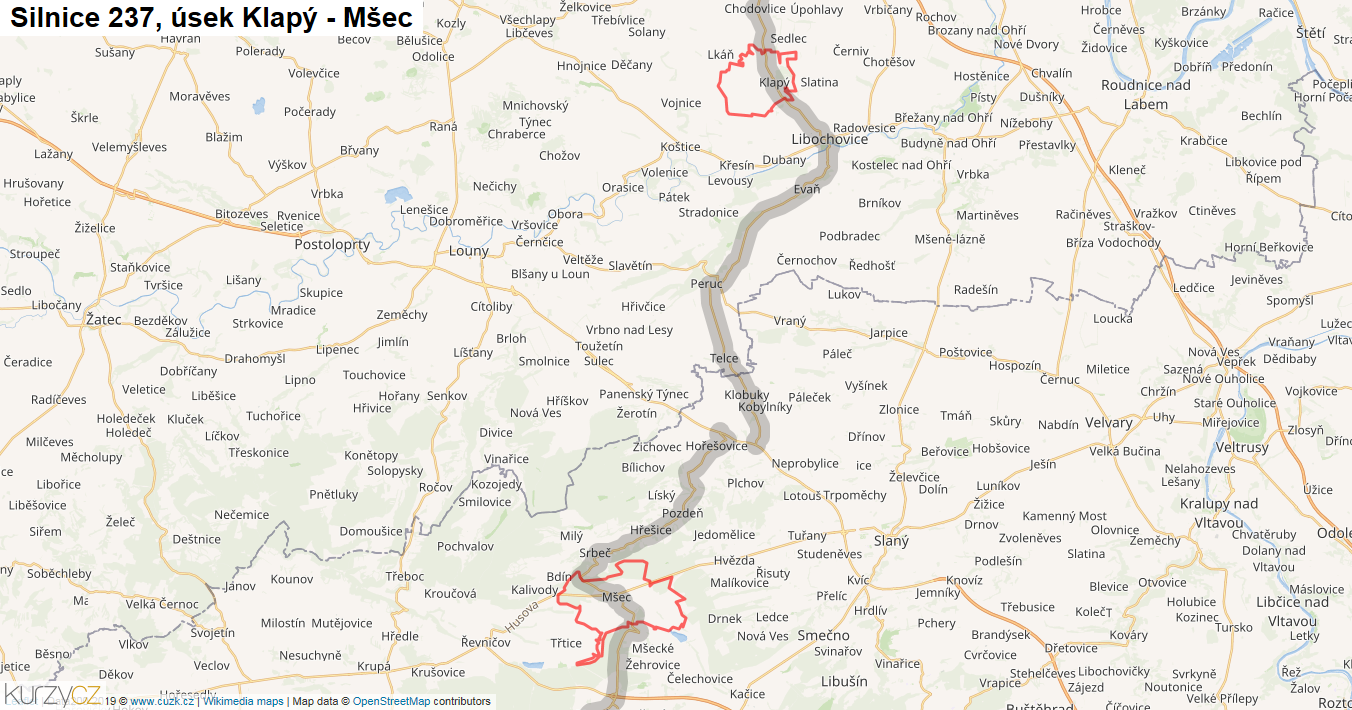 Úsek Klapý - Mšec, Silnice 237 - Mapa