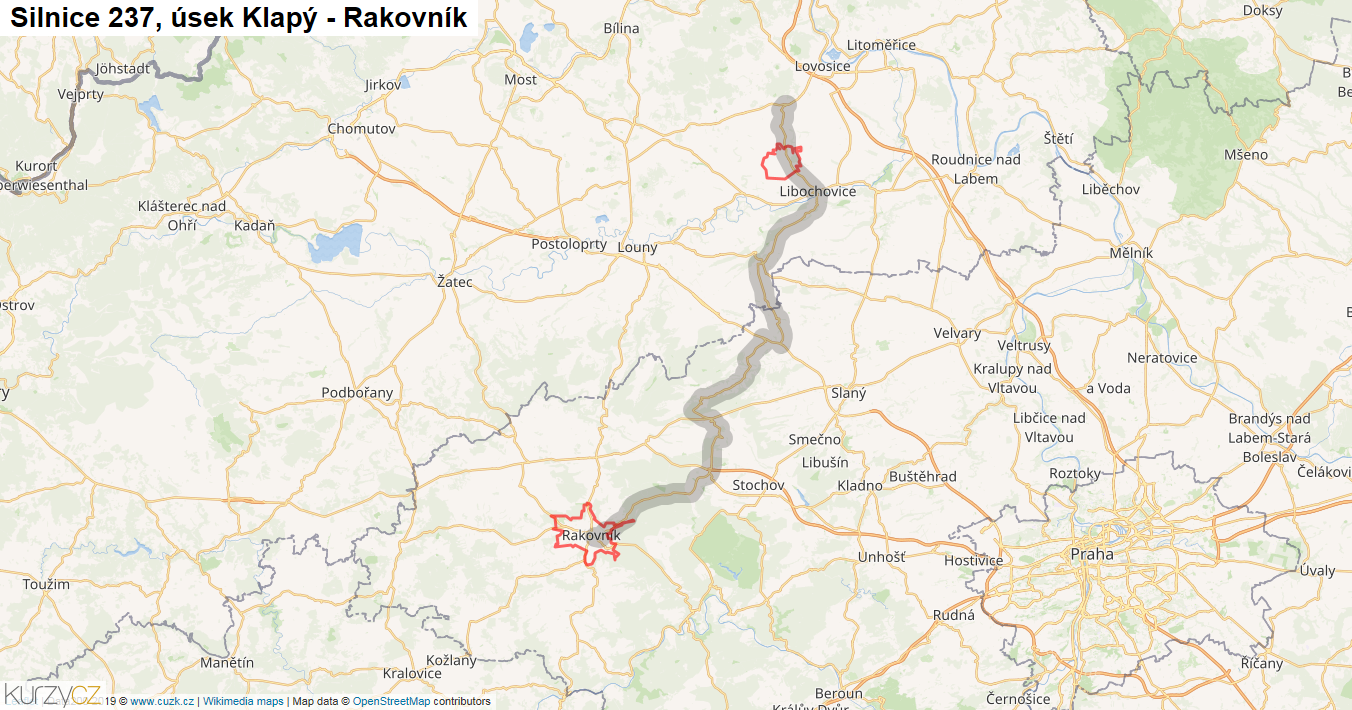 Úsek Klapý - Rakovník, Silnice 237 - Mapa