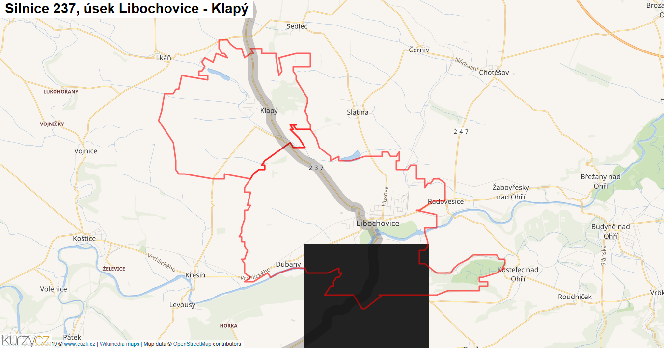 Úsek Libochovice - Klapý, Silnice 237 - Mapa