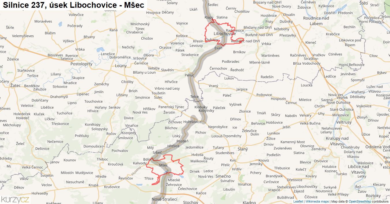 Úsek Libochovice - Mšec, Silnice 237 - Mapa