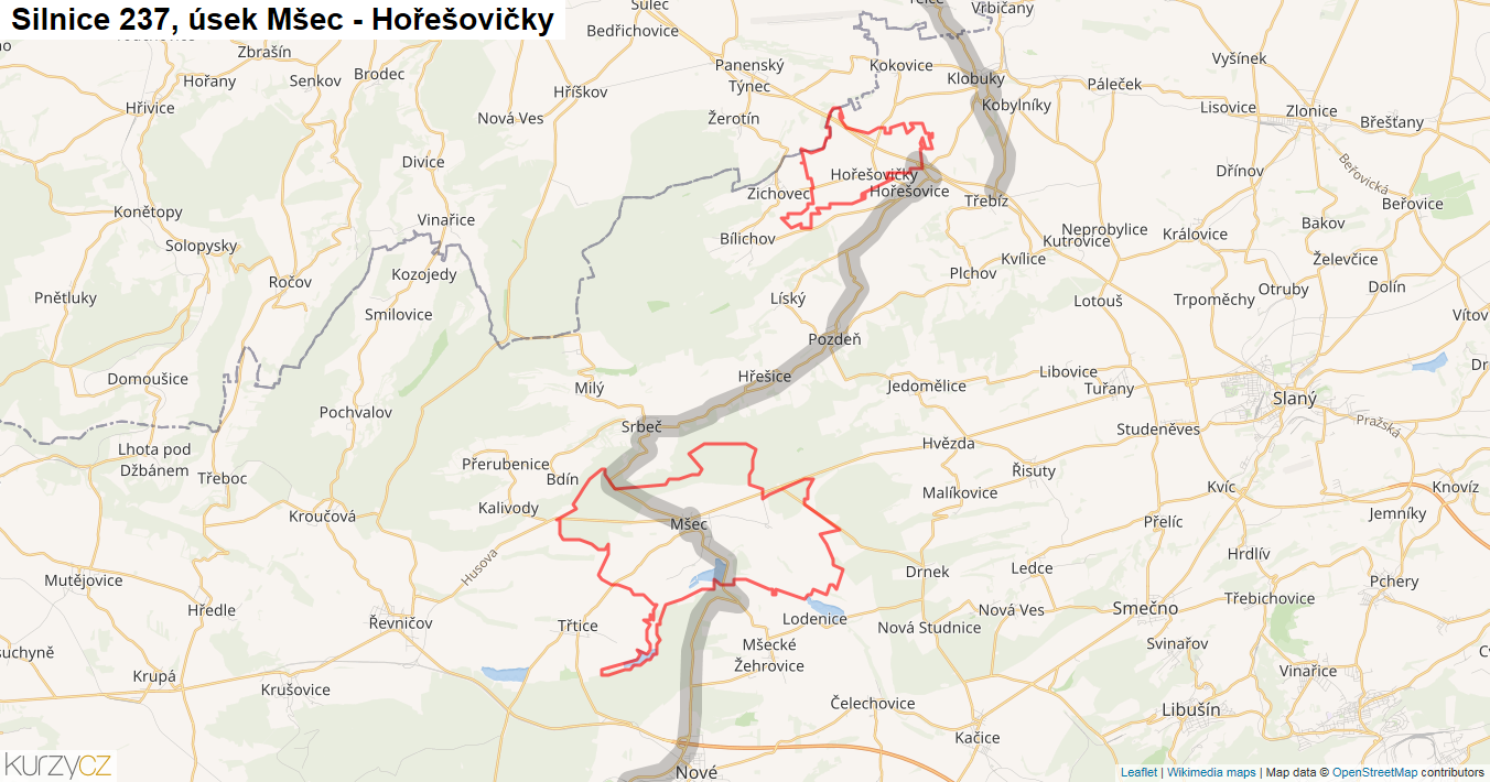Úsek Mšec - Hořešovičky, Silnice 237 - Mapa