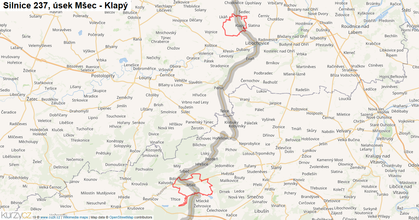 Úsek Mšec - Klapý, Silnice 237 - Mapa