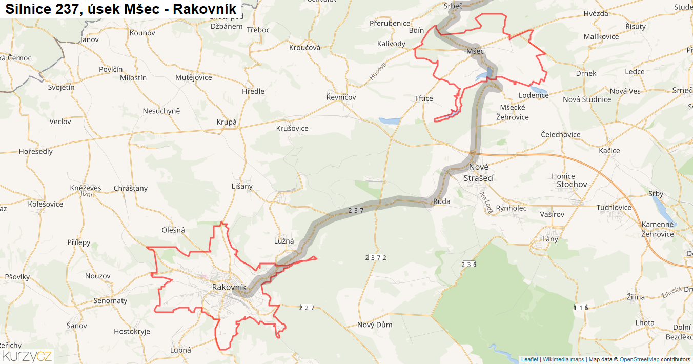 Úsek Mšec - Rakovník, Silnice 237 - Mapa