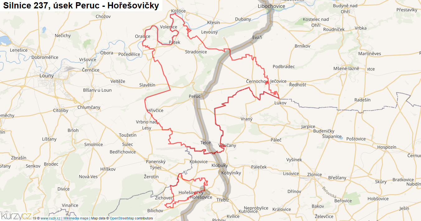 Úsek Peruc - Hořešovičky, Silnice 237 - Mapa