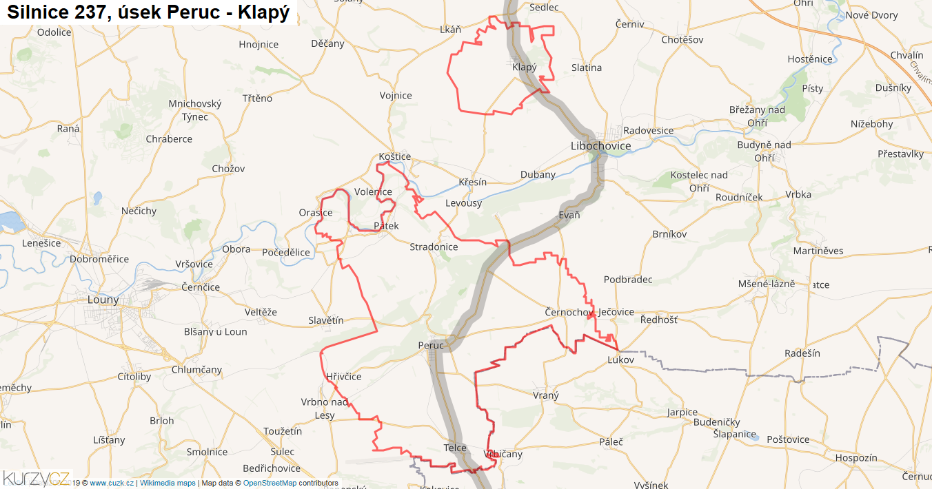 Úsek Peruc - Klapý, Silnice 237 - Mapa