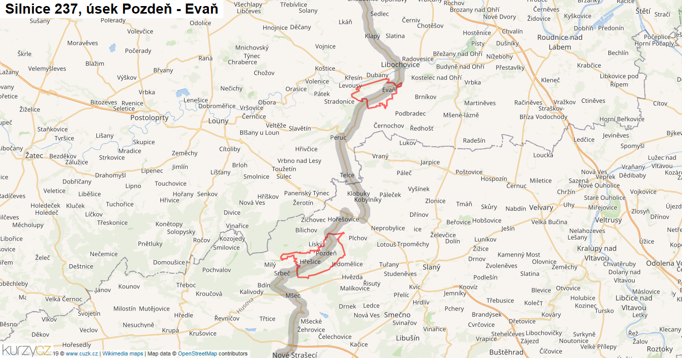Úsek Pozdeň - Evaň, Silnice 237 - Mapa