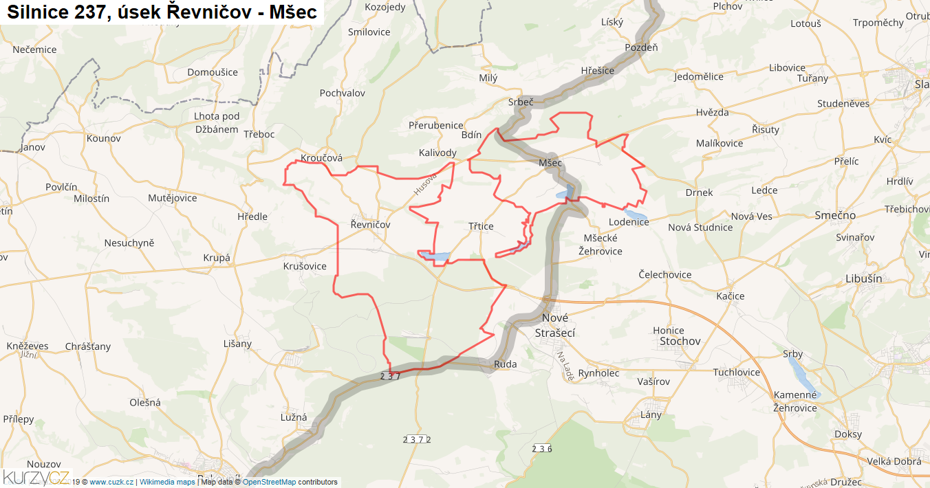 Úsek Řevničov - Mšec, Silnice 237 - Mapa