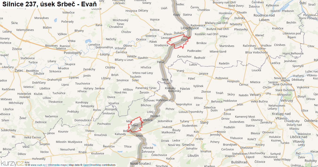 Úsek Srbeč - Evaň, Silnice 237 - Mapa
